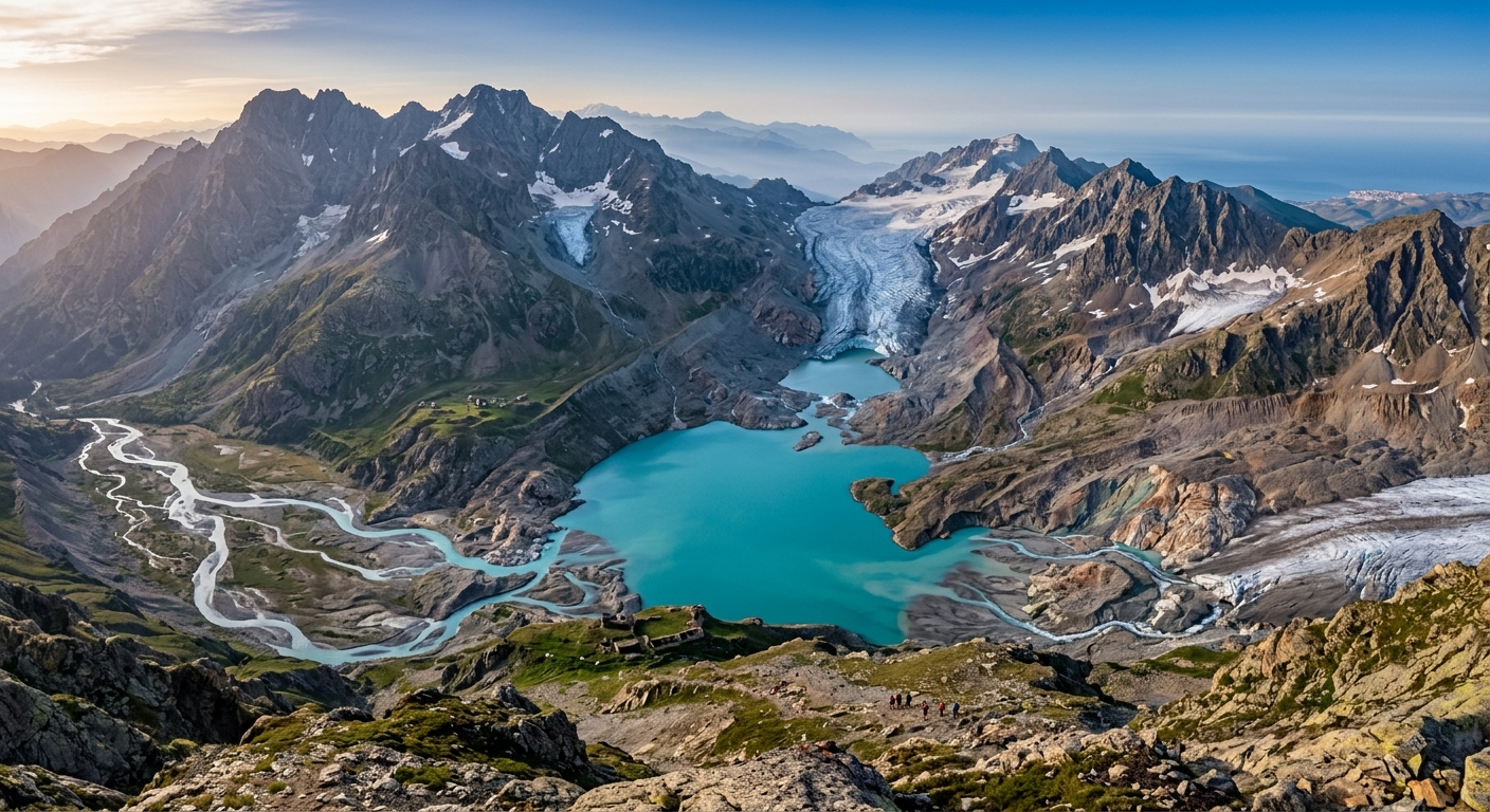 Aerial drone photograph of a turquoise glacial lake formed by retreating ice, jagged mountain ridges, crisp atmospheric haze, photorealistic